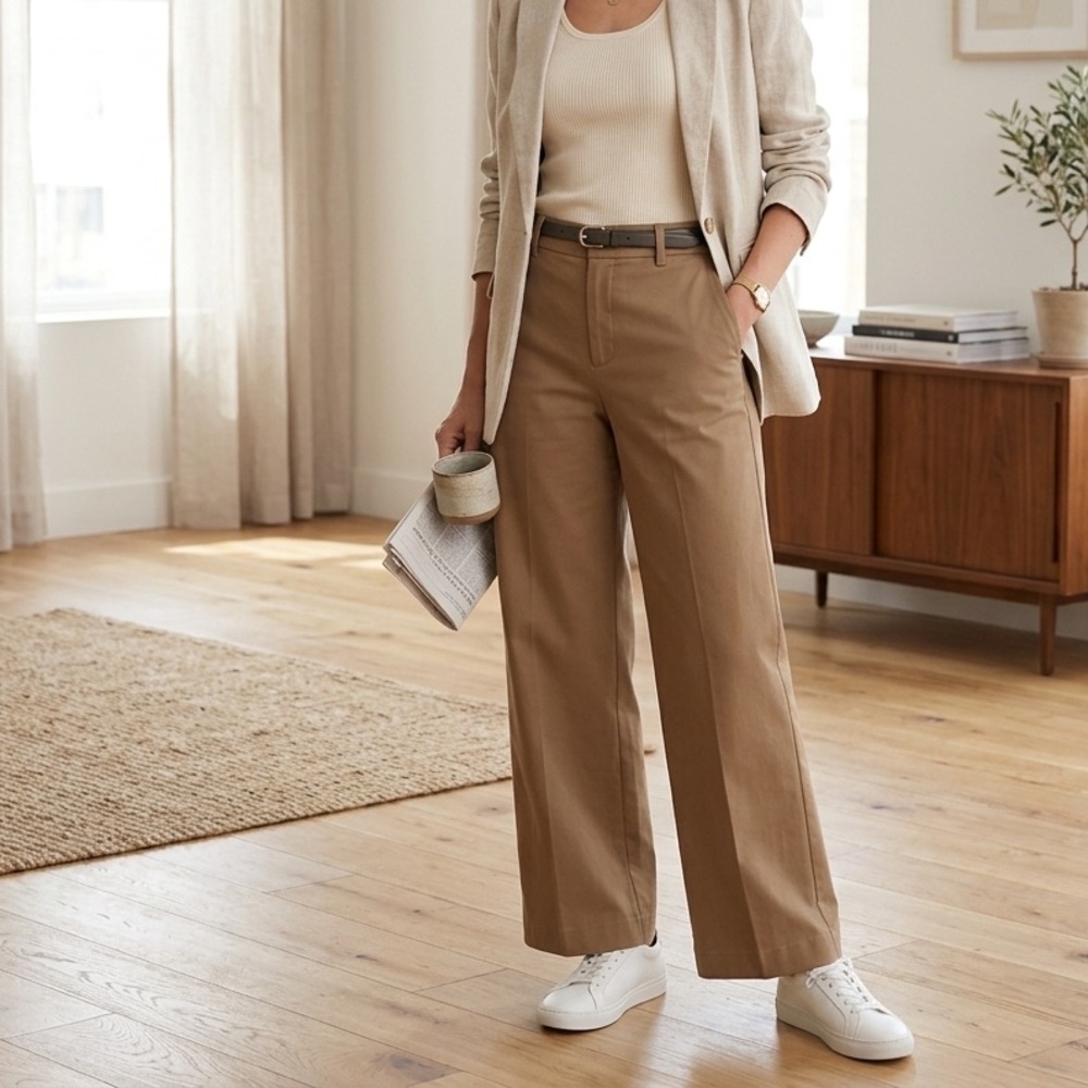 Uniqlo Wide Chino Pants Beige High Rise Trousers M